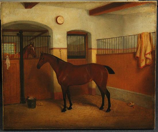 Edwin Frederick Holt (1864-1897) Racehorse in a stable, 20 x 24in., unframed